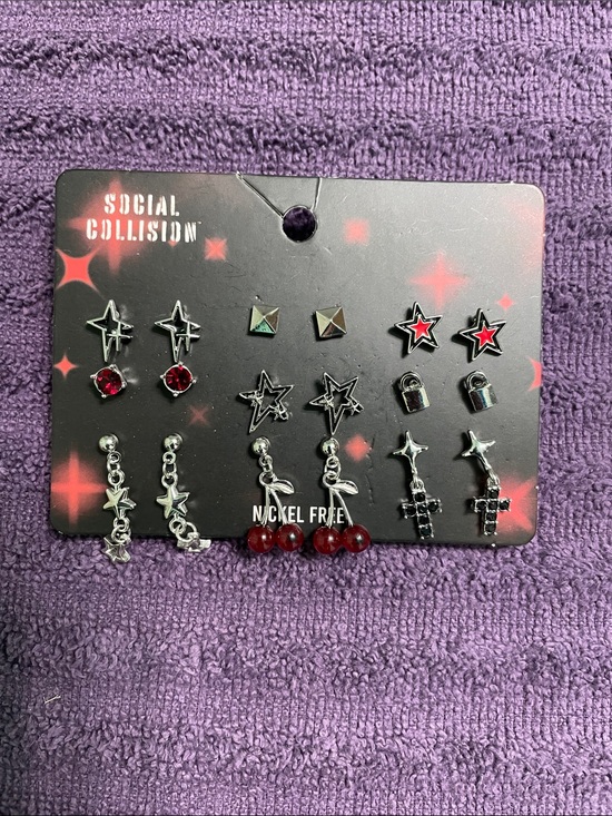 Social Collision Jewelry - Social Collision Women's Red Accent Star Earring Set -TOTAL 9 sets.